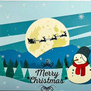 Merry Christmas postcard. Santa Claus is bringing gifts. Snowman.